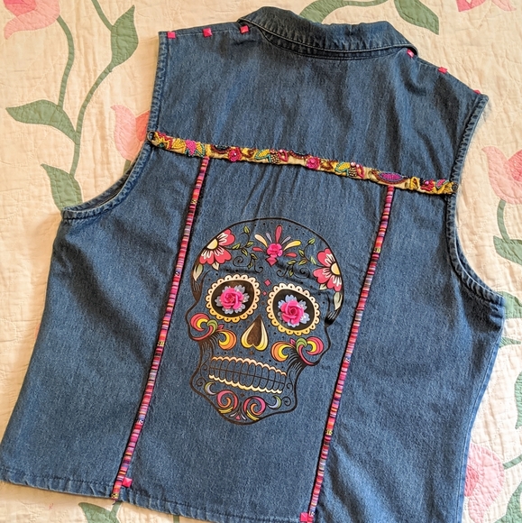 Tops - Upcycled Embellished Denim Button Down Sleeveless
